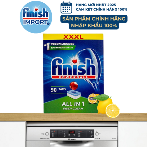 Hộp 90 viên Finish All in 1 XXL mới, 6 tính năng, hương chanh, dành cho máy rửa chén 9-13 bộ trở xuống